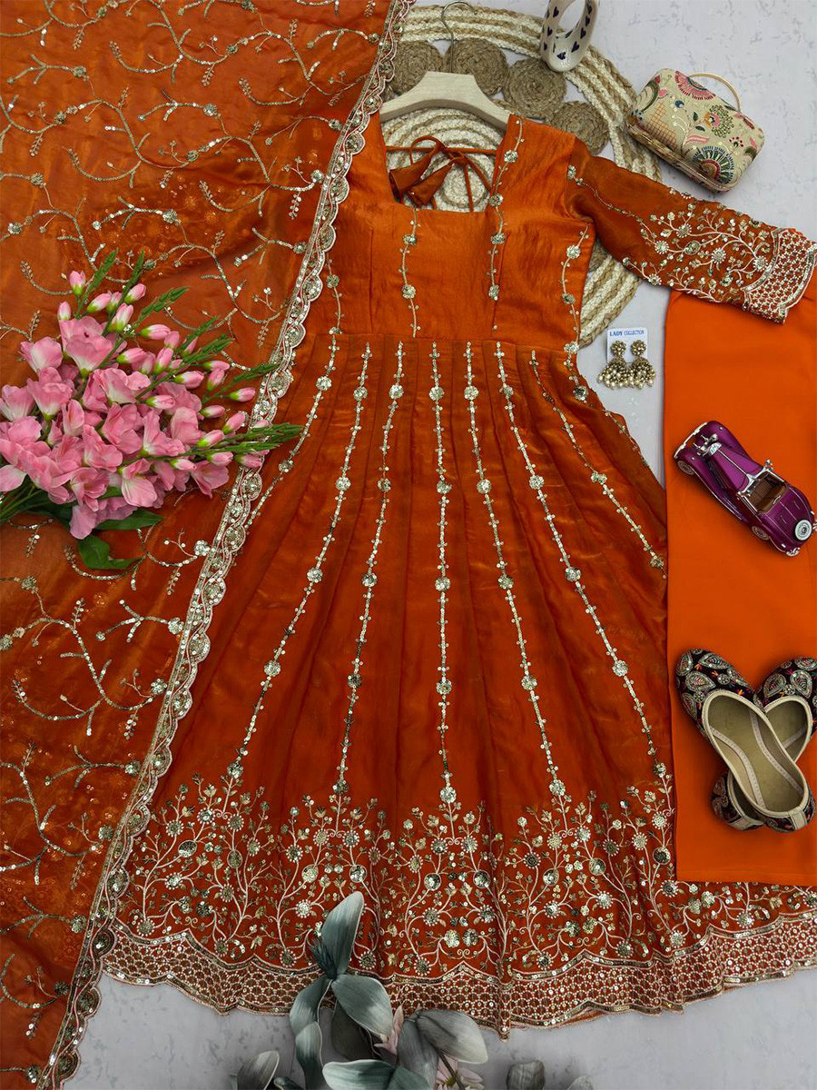 Orange Heavy Fandy Silk Embroidery Sequins Zari Wedding Party Festival Casual Ready Anarkali Pant Salwar Kameez