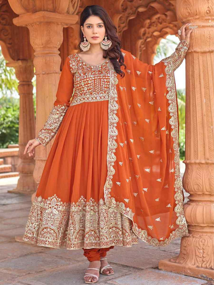 Image of Orange Heavy Faux Georgette Embroidery Party Wedding Festival Casual Ready Anarkali Salwar Kameez