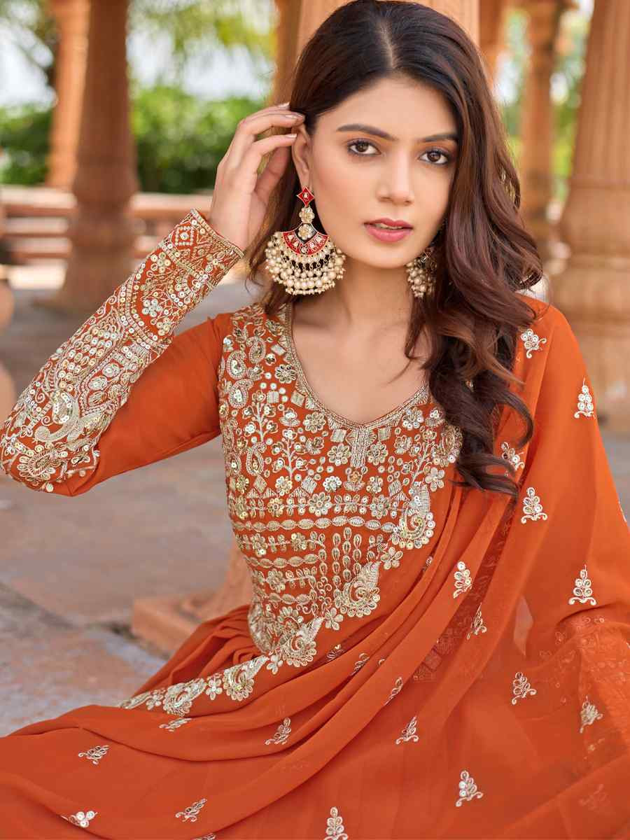Orange Heavy Faux Georgette Embroidery Party Wedding Festival Casual Ready Anarkali Salwar Kameez
