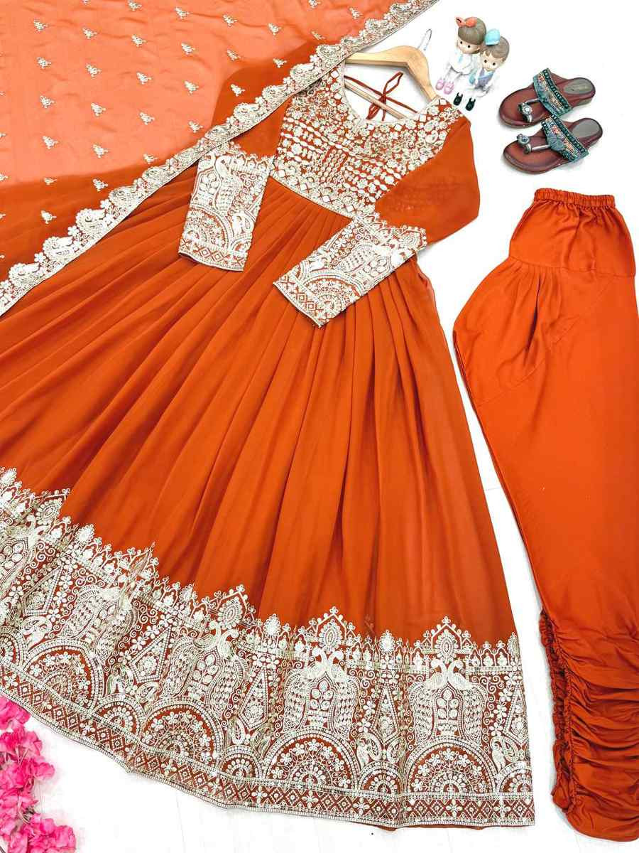 Orange Heavy Faux Georgette Embroidery Party Wedding Festival Casual Ready Anarkali Salwar Kameez