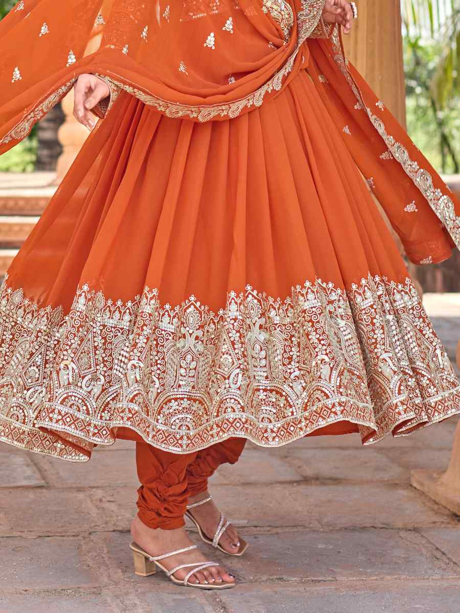 Orange Heavy Faux Georgette Embroidery Party Wedding Festival Casual Ready Anarkali Salwar Kameez