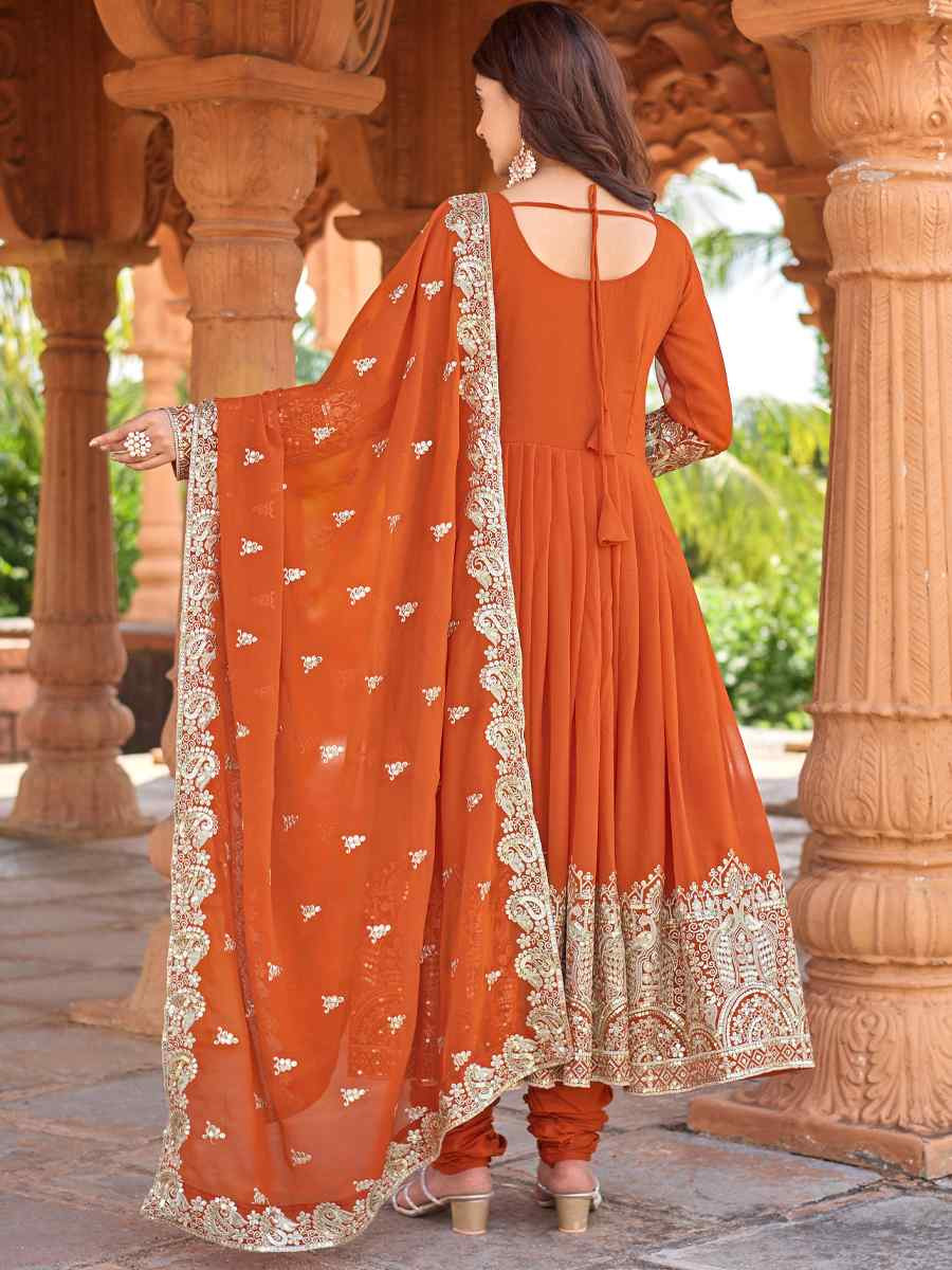 Orange Heavy Faux Georgette Embroidery Party Wedding Festival Casual Ready Anarkali Salwar Kameez