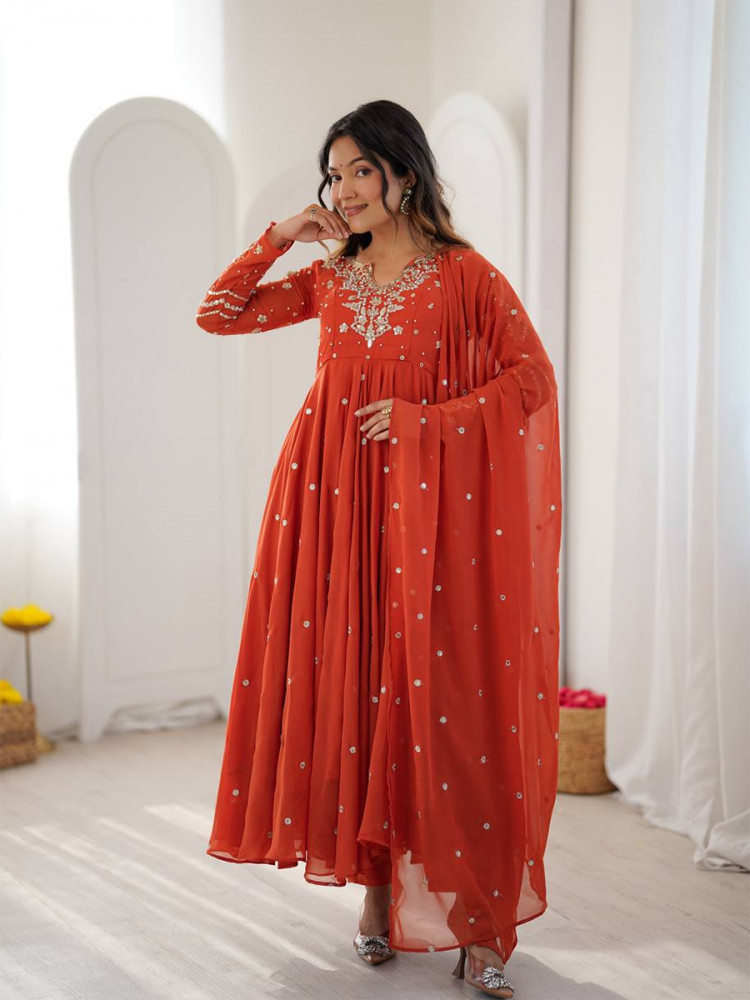 Image of Orange Heavy Faux Georgette Embroidery Wedding Party Festival Casual Ready Anarkali Pant Salwar Kameez
