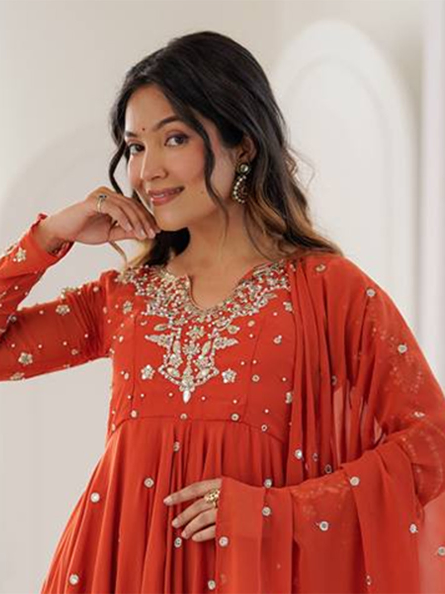Orange Heavy Faux Georgette Embroidery Wedding Party Festival Casual Ready Anarkali Pant Salwar Kameez