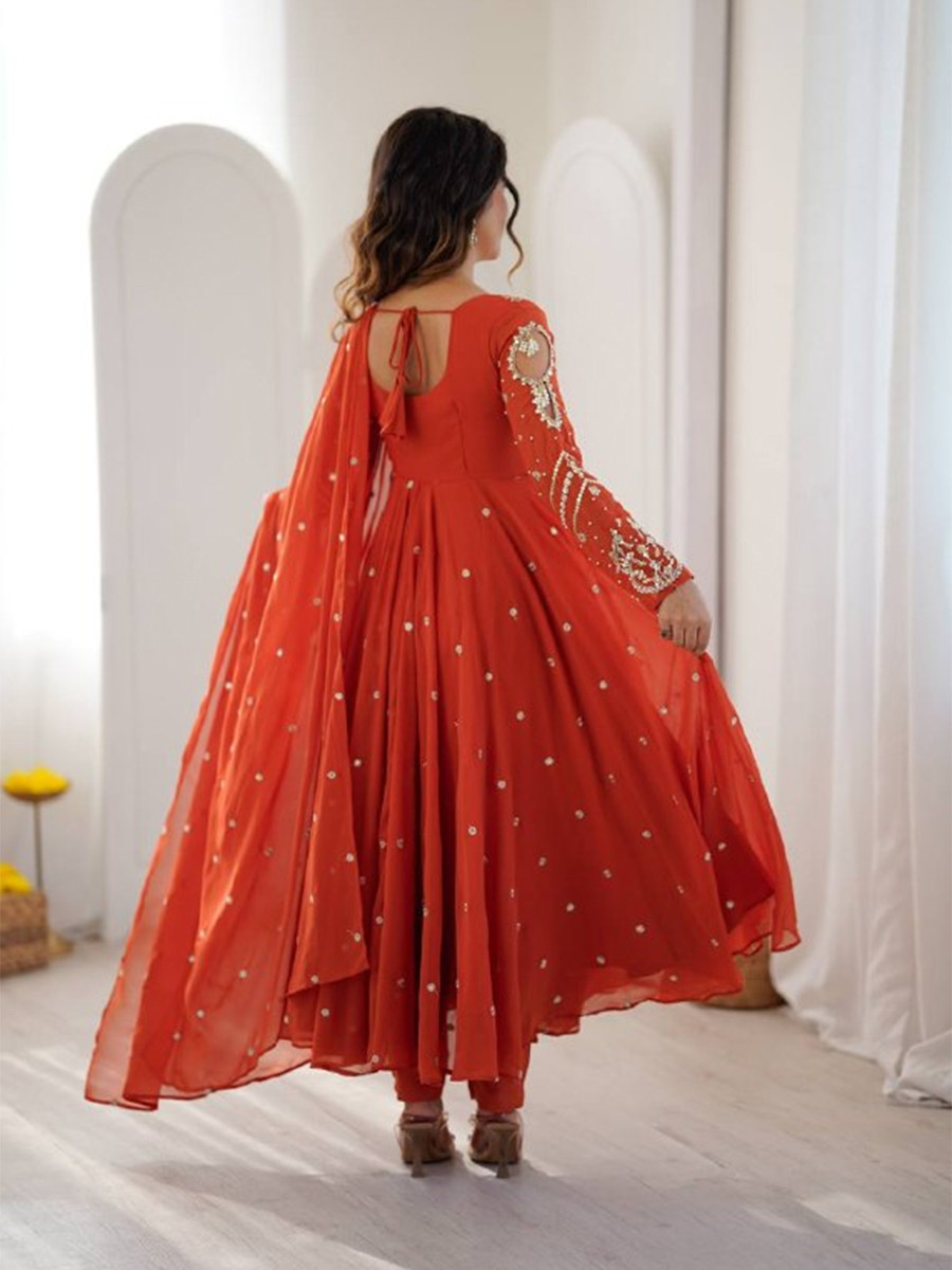 Orange Heavy Faux Georgette Embroidery Wedding Party Festival Casual Ready Anarkali Pant Salwar Kameez