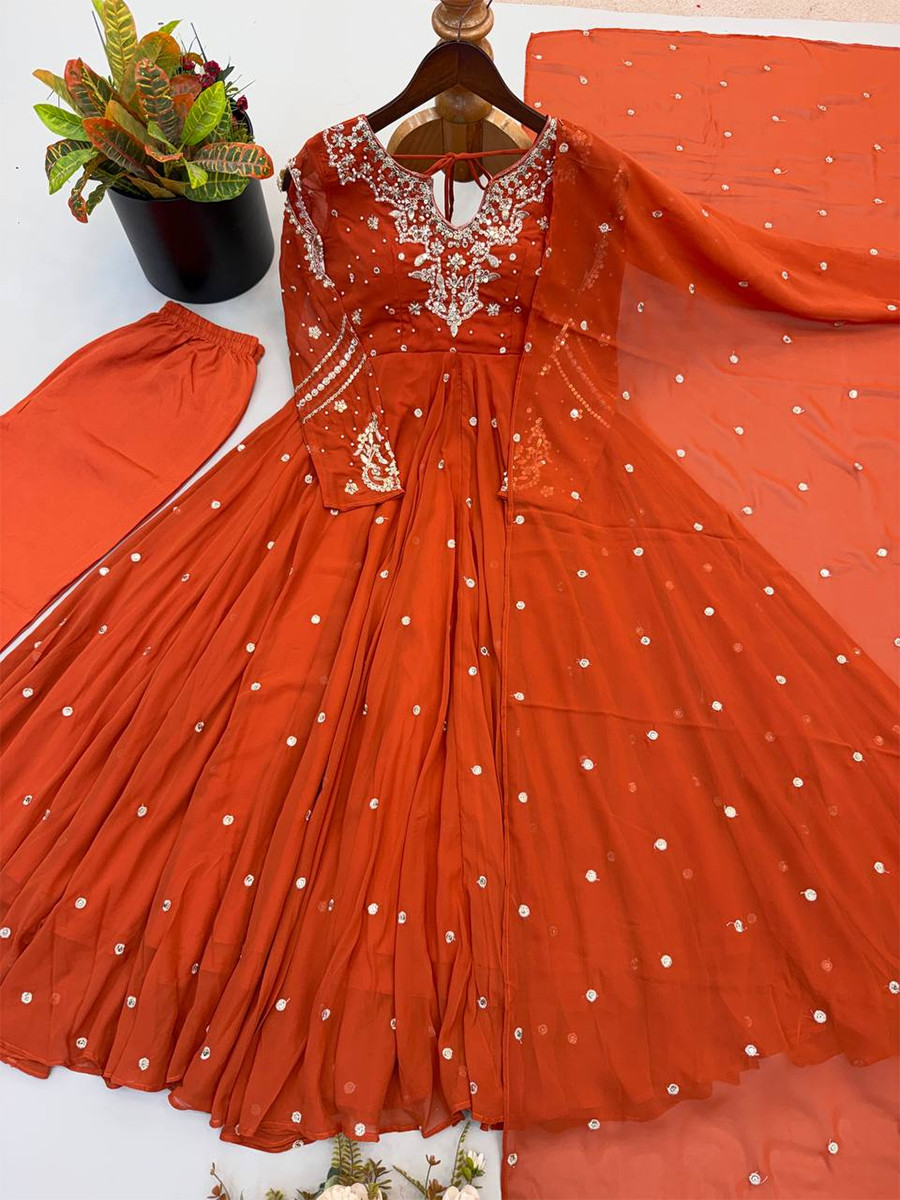 Orange Heavy Faux Georgette Embroidery Wedding Party Festival Casual Ready Anarkali Pant Salwar Kameez