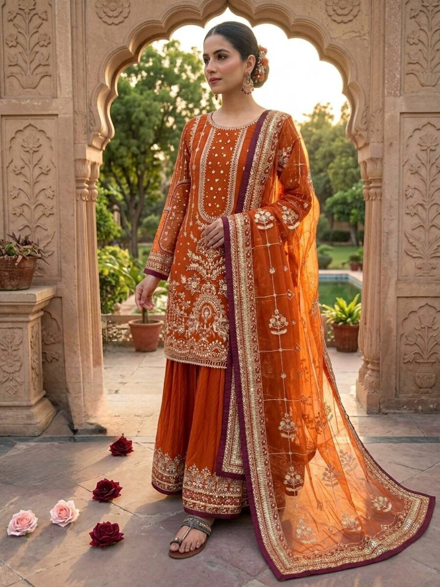 Orange Heavy Faux Georgette Embroidery Wedding Party Festival Casual Ready Sharara Pant Salwar Kameez