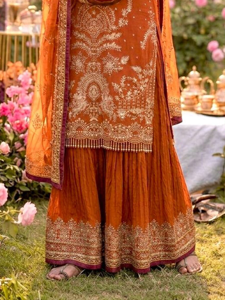 Orange Heavy Faux Georgette Embroidery Wedding Party Festival Casual Ready Sharara Pant Salwar Kameez