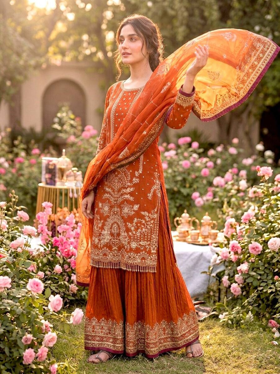 Orange Heavy Faux Georgette Embroidery Wedding Party Festival Casual Ready Sharara Pant Salwar Kameez