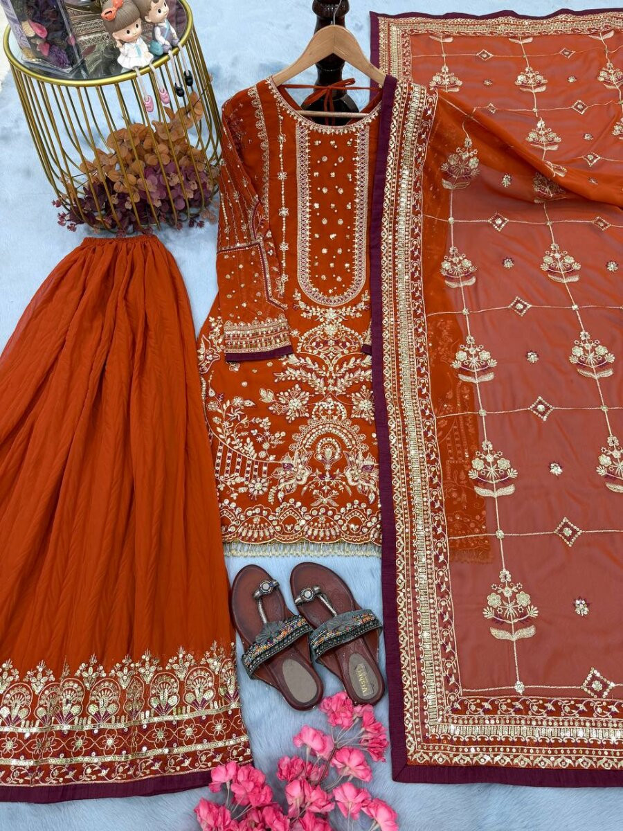 Orange Heavy Faux Georgette Embroidery Wedding Party Festival Casual Ready Sharara Pant Salwar Kameez