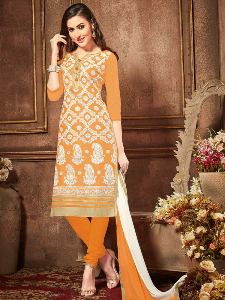 Orange Heavy Glass Cotton Embroidered Casual Festival Churidar Salwar Kameez