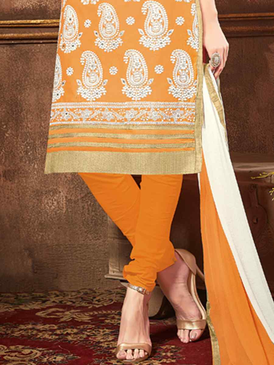 Orange Heavy Glass Cotton Embroidered Casual Festival Churidar Salwar Kameez
