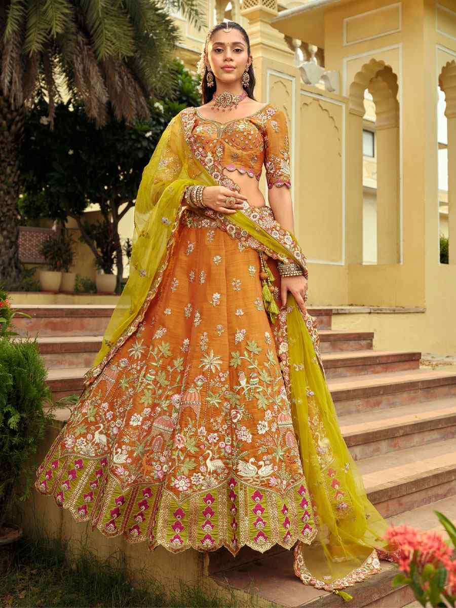 Orange Heavy Pure Silk Embroidered Wedding Reception Festival Heavy Border Lehenga Choli