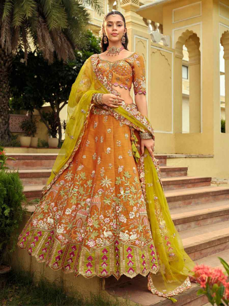 Image of Orange Heavy Pure Silk Embroidered Wedding Reception Festival Heavy Border Lehenga Choli