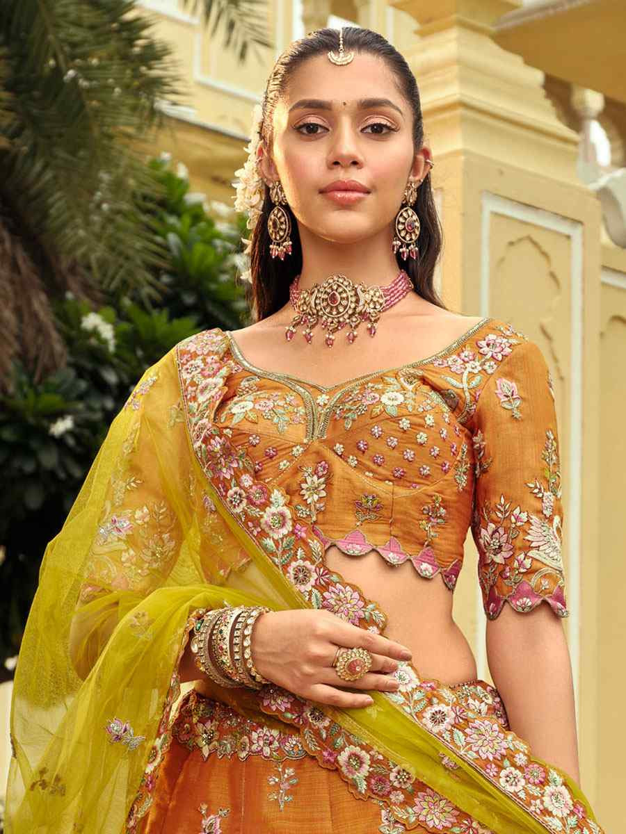 Orange Heavy Pure Silk Embroidered Wedding Reception Festival Heavy Border Lehenga Choli