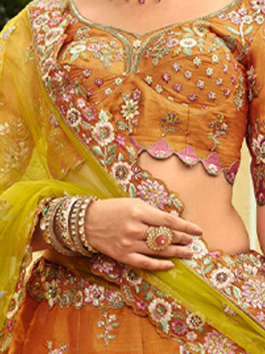 Orange Heavy Pure Silk Embroidered Wedding Reception Festival Heavy Border Lehenga Choli
