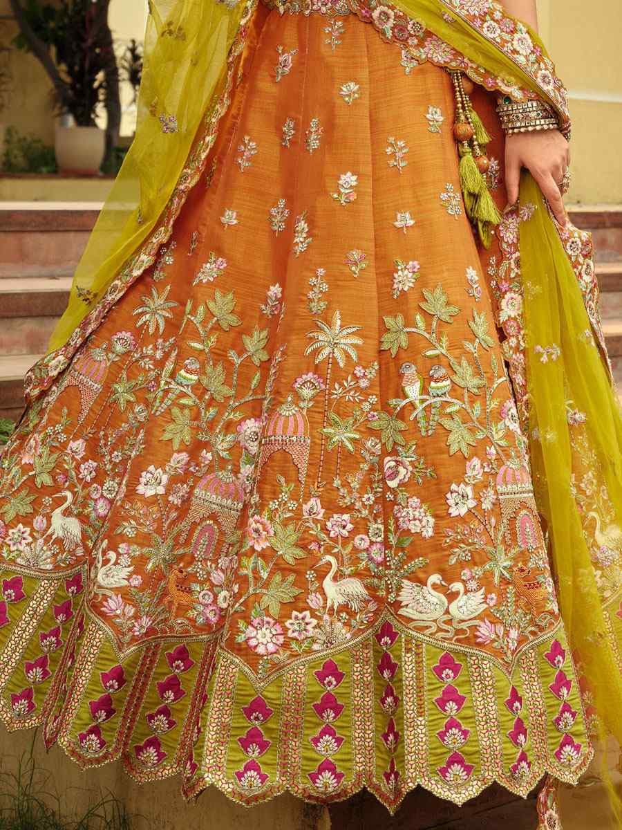 Orange Heavy Pure Silk Embroidered Wedding Reception Festival Heavy Border Lehenga Choli