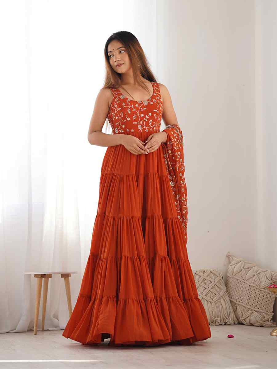 Orange Heavy Pure Soft Fox Georgette Embroidered Festival Casual Ready Anarkali Salwar Kameez