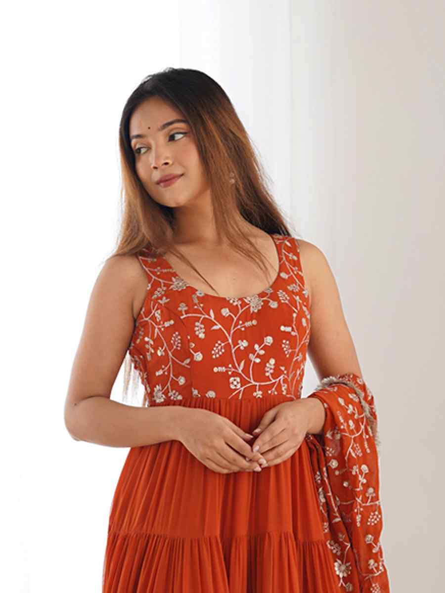 Orange Heavy Pure Soft Fox Georgette Embroidered Festival Casual Ready Anarkali Salwar Kameez