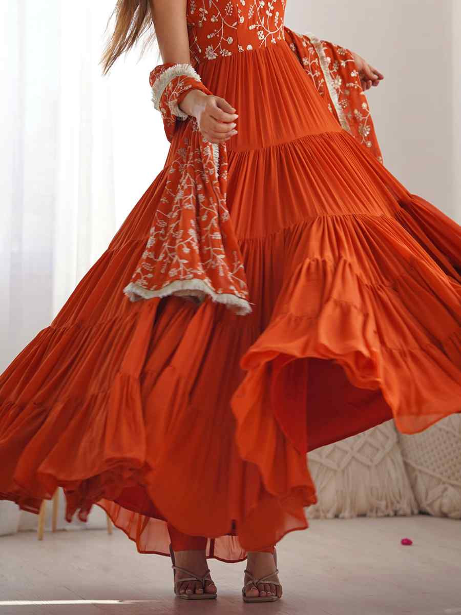 Orange Heavy Pure Soft Fox Georgette Embroidered Festival Casual Ready Anarkali Salwar Kameez