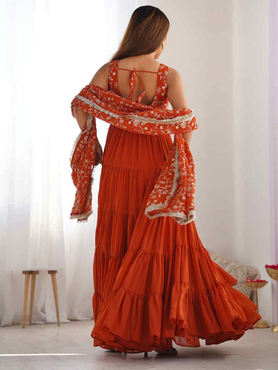 Orange Heavy Pure Soft Fox Georgette Embroidered Festival Casual Ready Anarkali Salwar Kameez