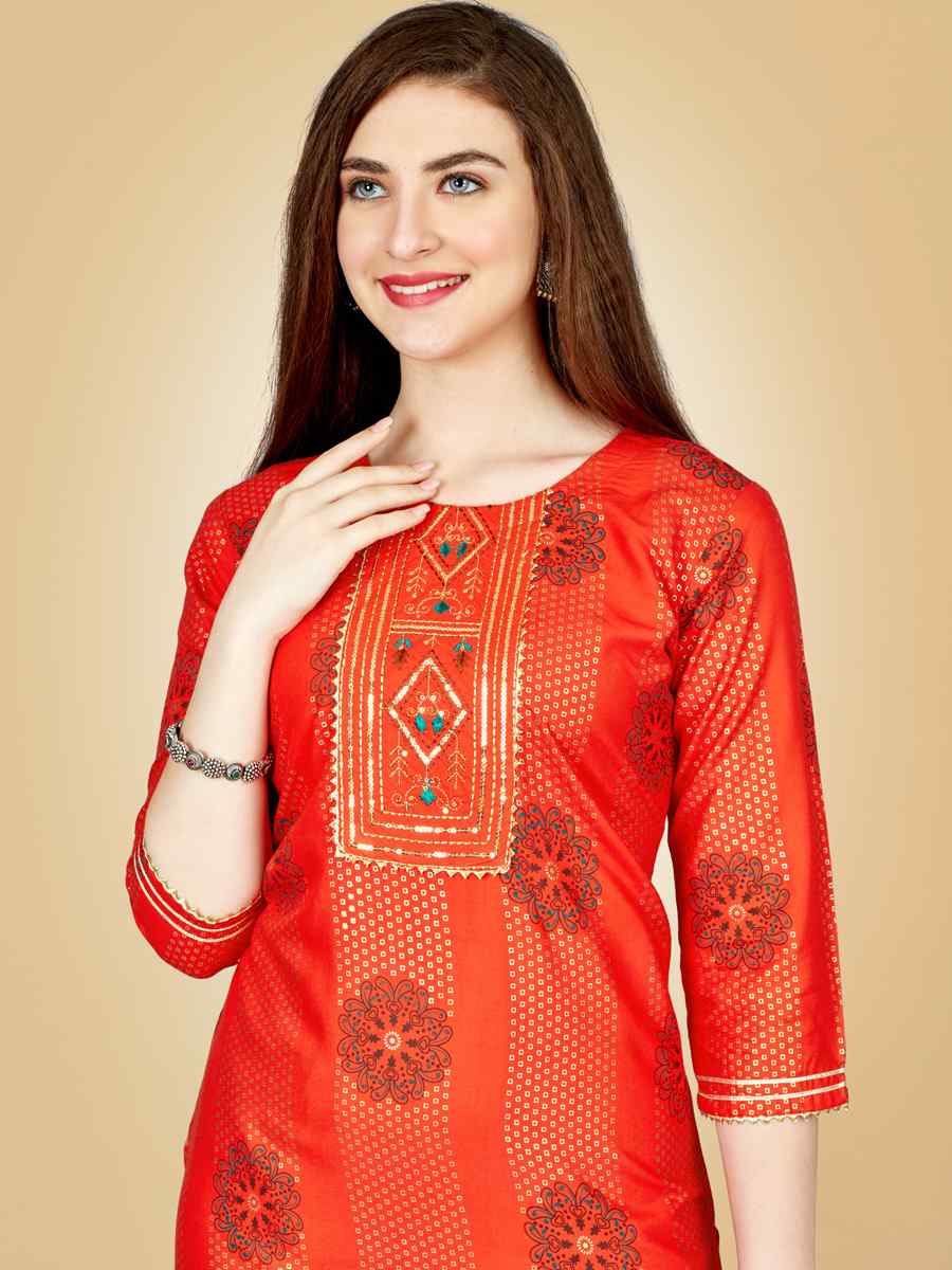 Orange Heavy Rayon 14 Kgs Embroidered Festival Casual Kurti With Bottom
