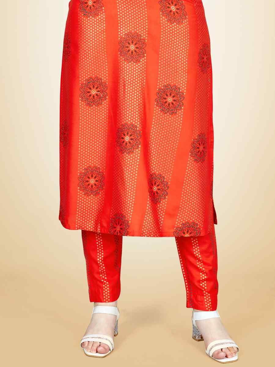 Orange Heavy Rayon 14 Kgs Embroidered Festival Casual Kurti With Bottom