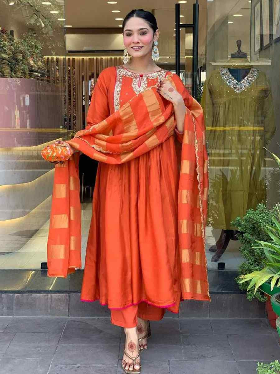 Orange Heavy Viscose Roman Silk Embroidery Party Wedding Festival Casual Ready Anarkali Salwar Kameez
