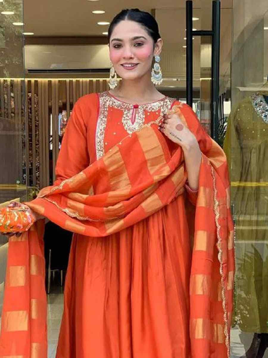 Orange Heavy Viscose Roman Silk Embroidery Party Wedding Festival Casual Ready Anarkali Salwar Kameez