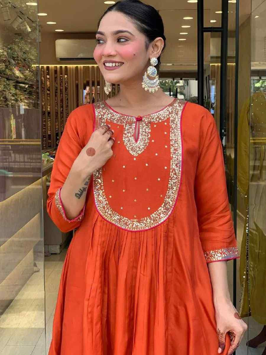 Orange Heavy Viscose Roman Silk Embroidery Party Wedding Festival Casual Ready Anarkali Salwar Kameez