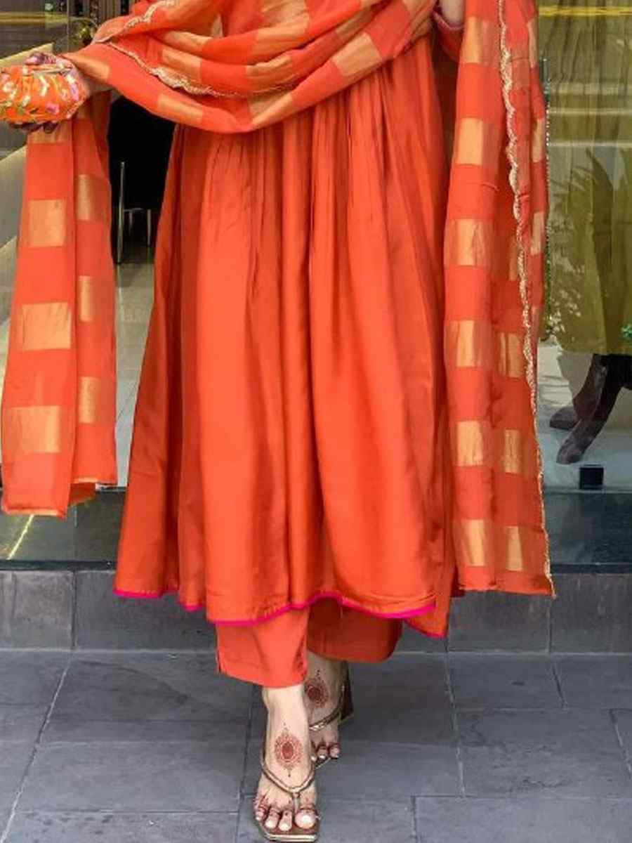 Orange Heavy Viscose Roman Silk Embroidery Party Wedding Festival Casual Ready Anarkali Salwar Kameez
