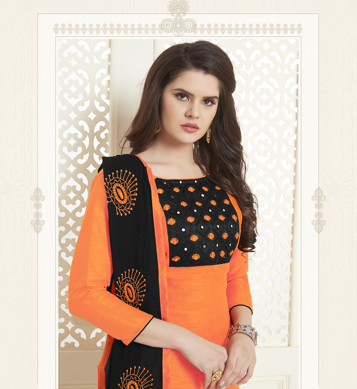 Orange Jacquard Cotton Embroidered Festival Party Churidar Salwar Kameez