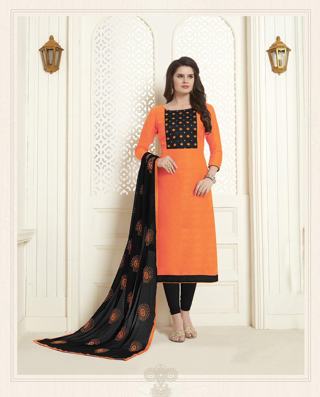 Orange Jacquard Cotton Embroidered Festival Party Churidar Salwar Kameez