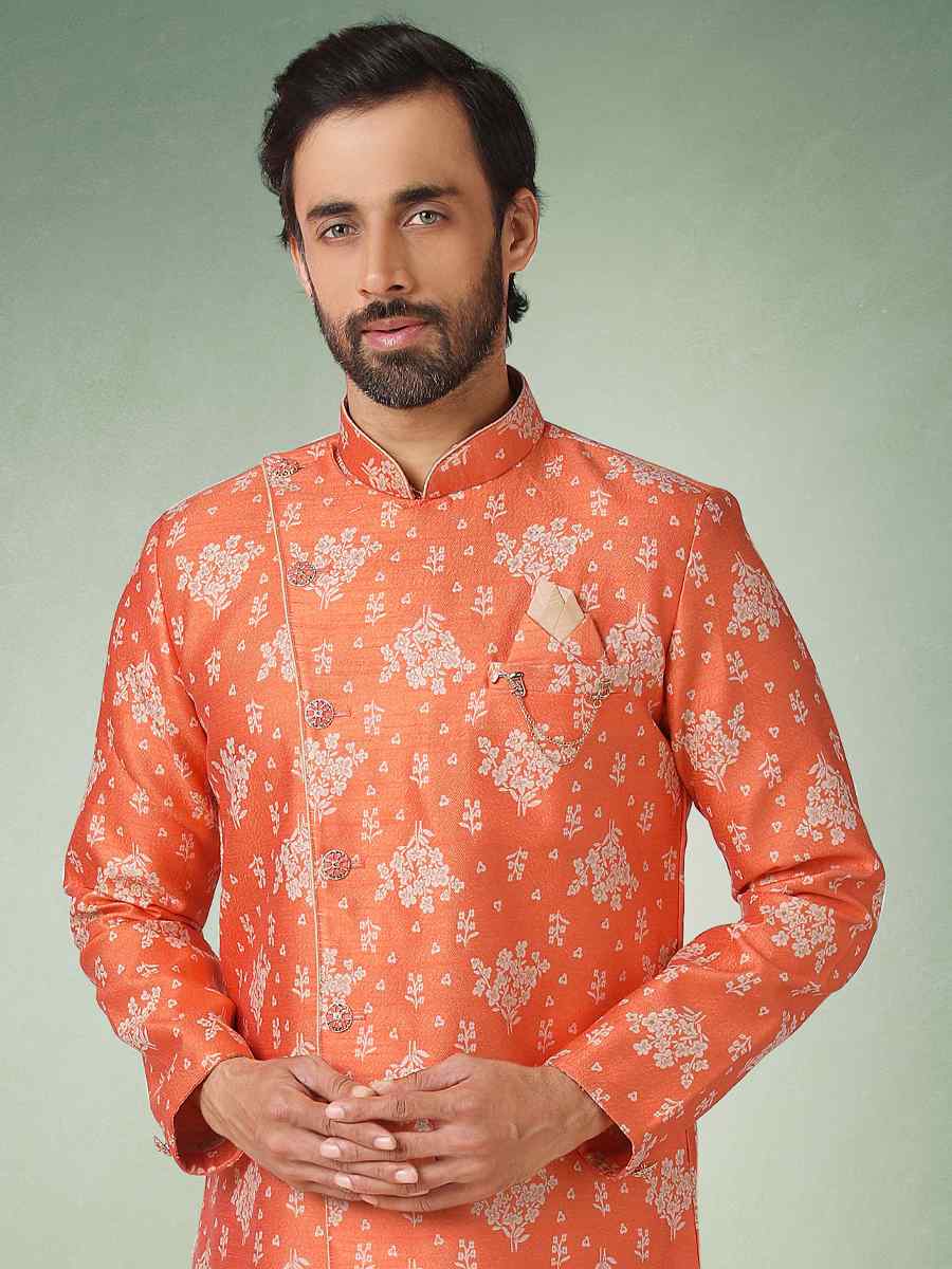 Orange Jacquard Silk Brocade Plain Party Aligadhi Pant Sherwani