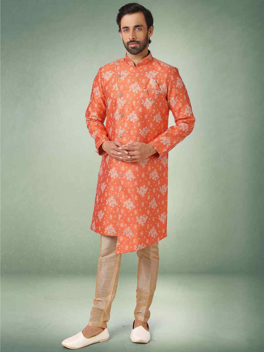 Orange Jacquard Silk Brocade Plain Party Aligadhi Pant Sherwani