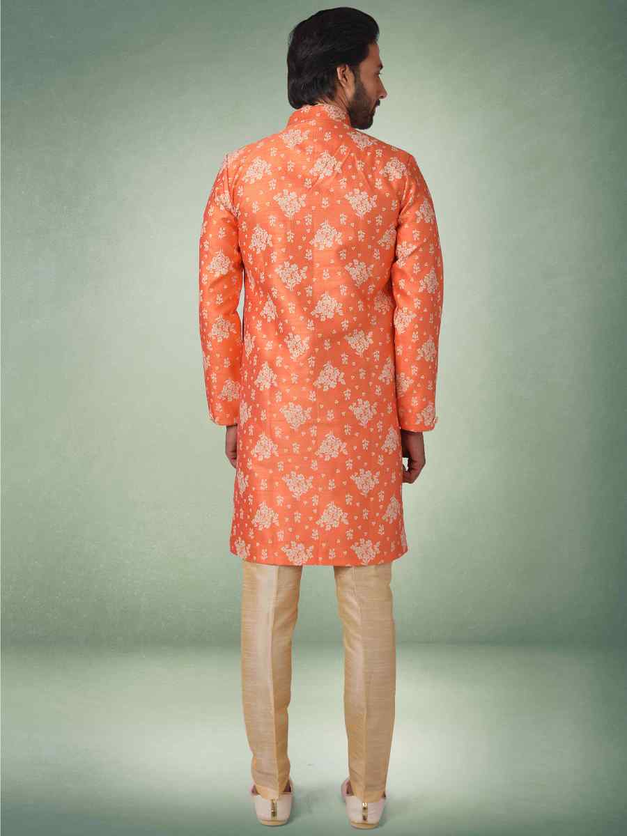 Orange Jacquard Silk Brocade Plain Party Aligadhi Pant Sherwani