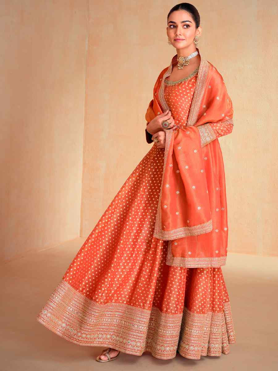 Orange Jacquard Silk Embroidered Festival Casual Gown