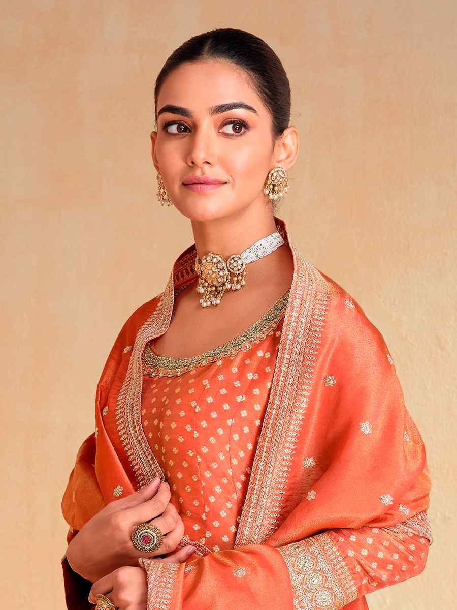 Orange Jacquard Silk Embroidered Festival Casual Gown
