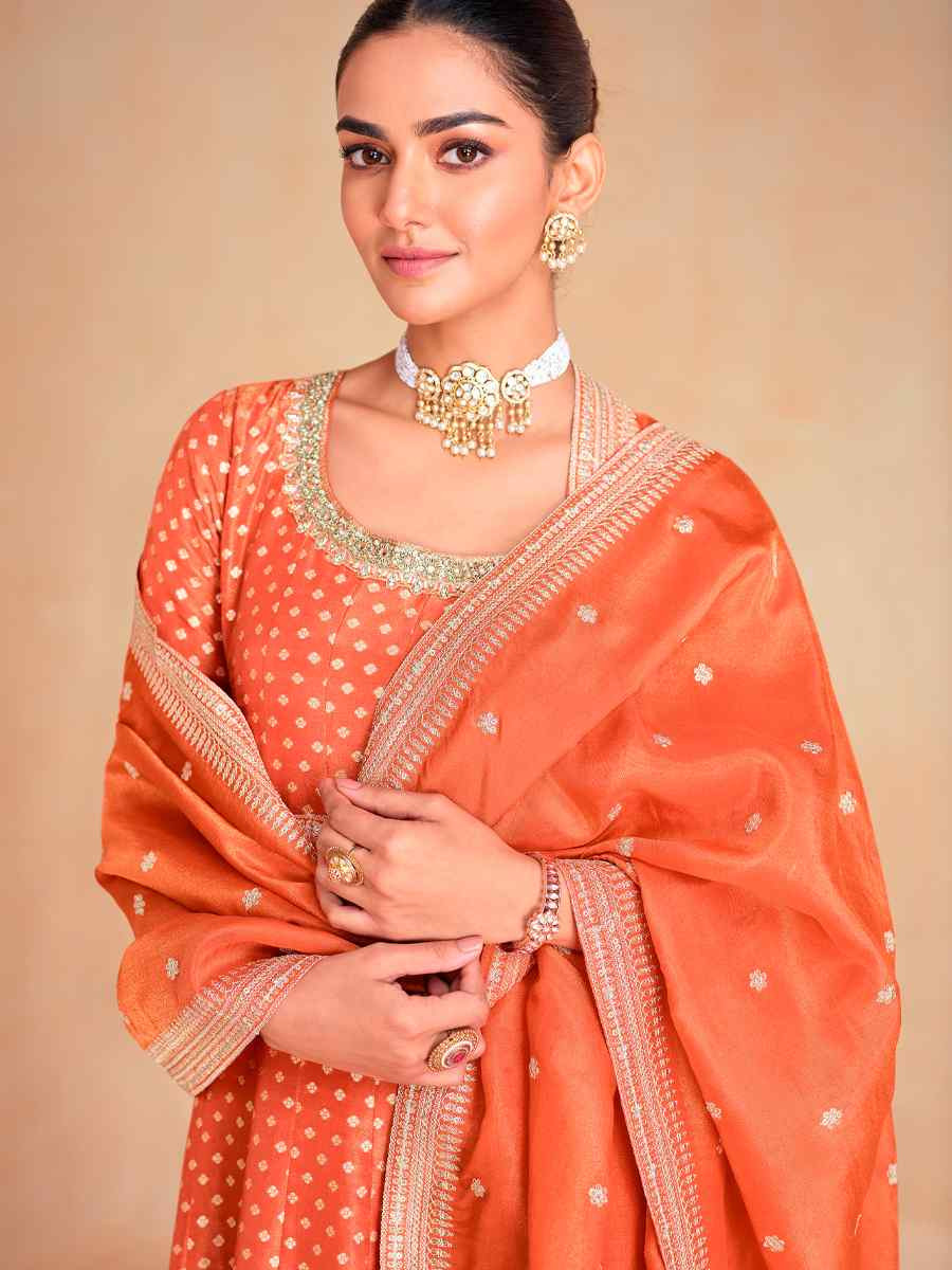 Orange Jacquard Silk Embroidered Festival Casual Gown