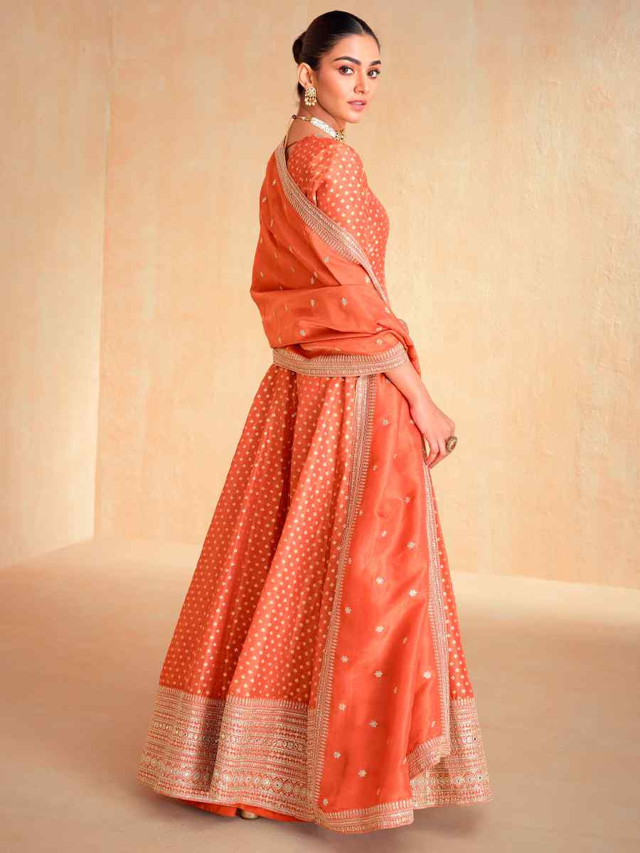 Orange Jacquard Silk Embroidered Festival Casual Gown