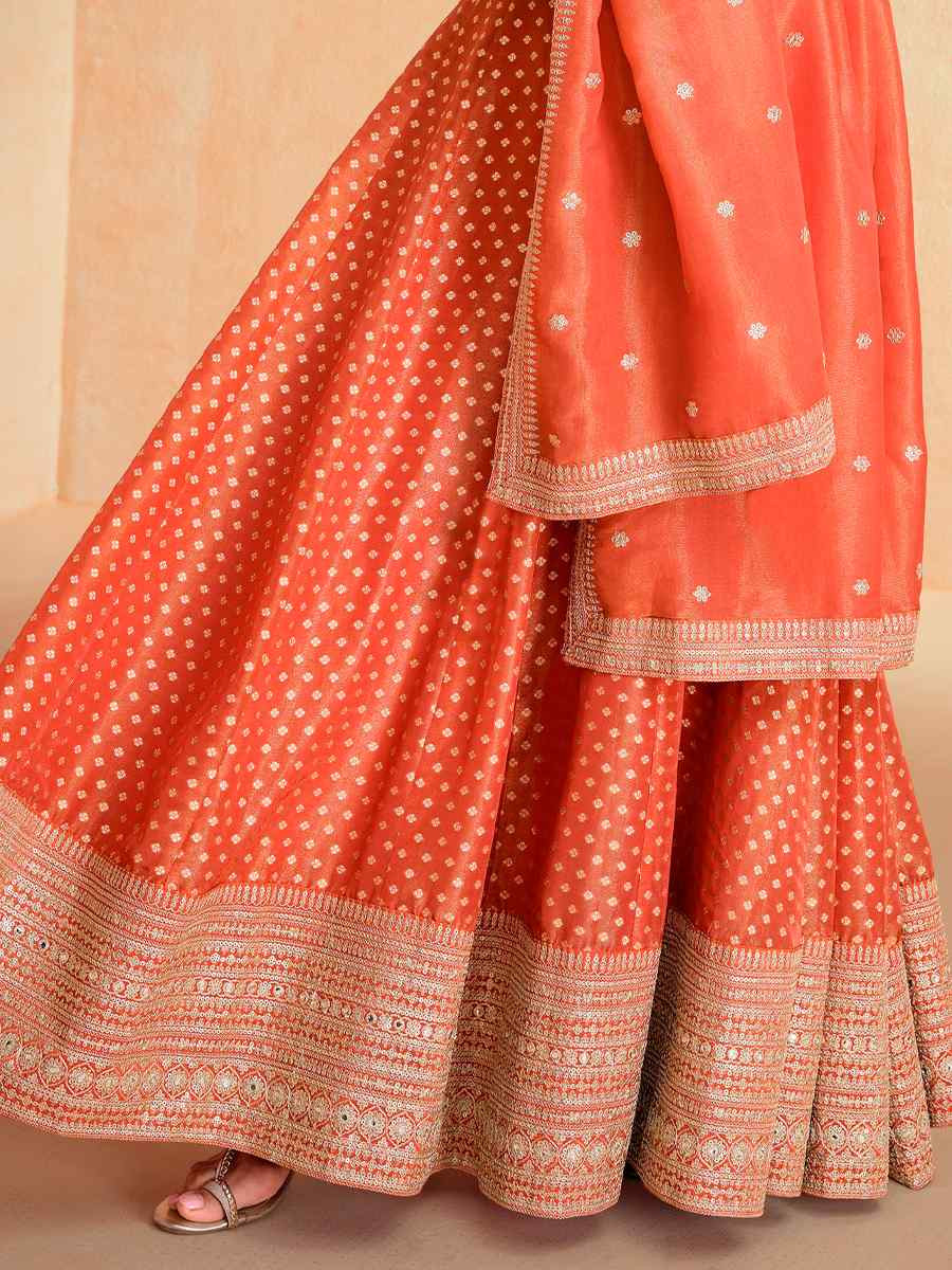 Orange Jacquard Silk Embroidered Festival Casual Gown