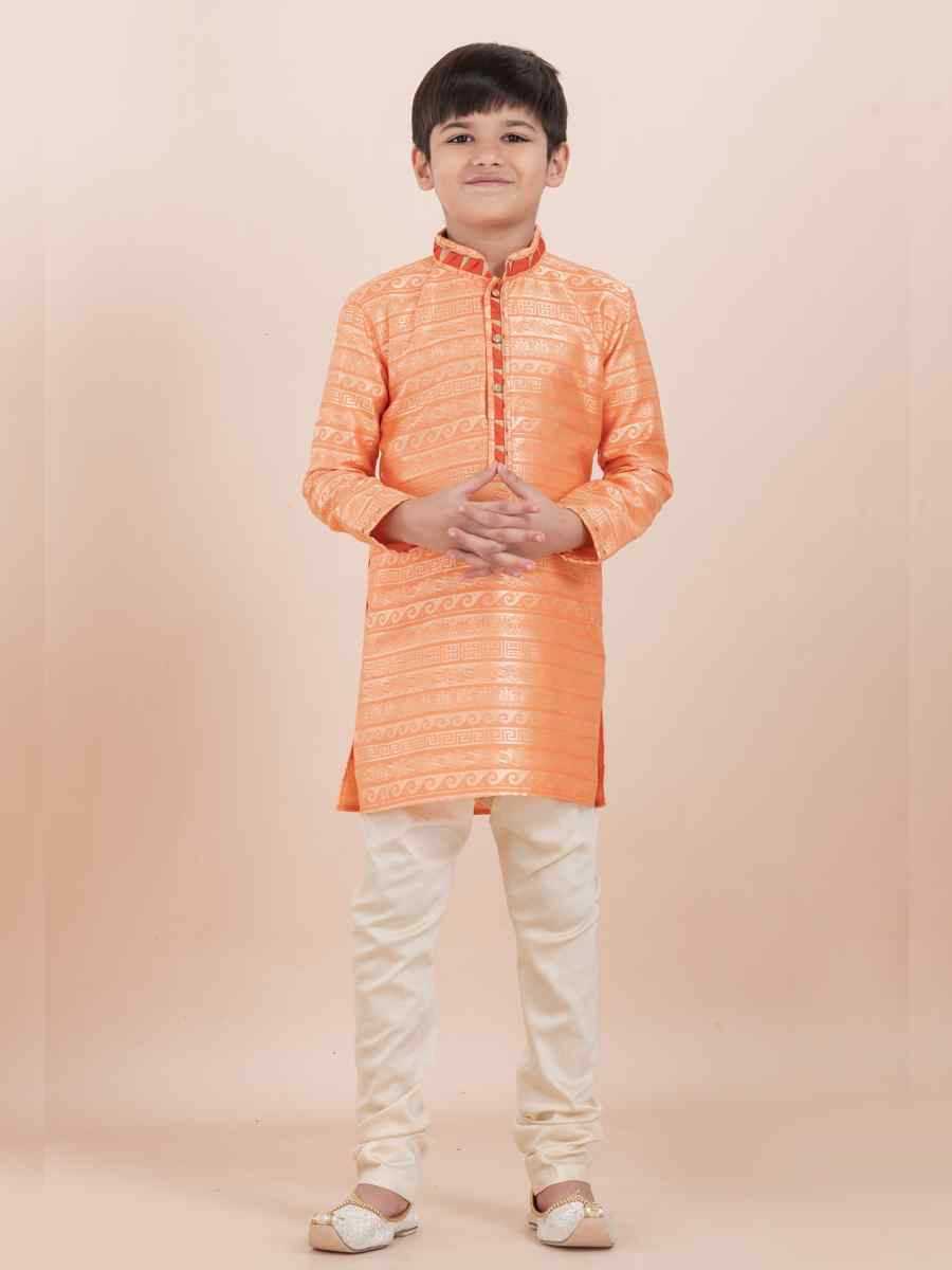 Orange Jacquard Silk Embroidered Festival Traditional Kurta Pyjama Boys Wear