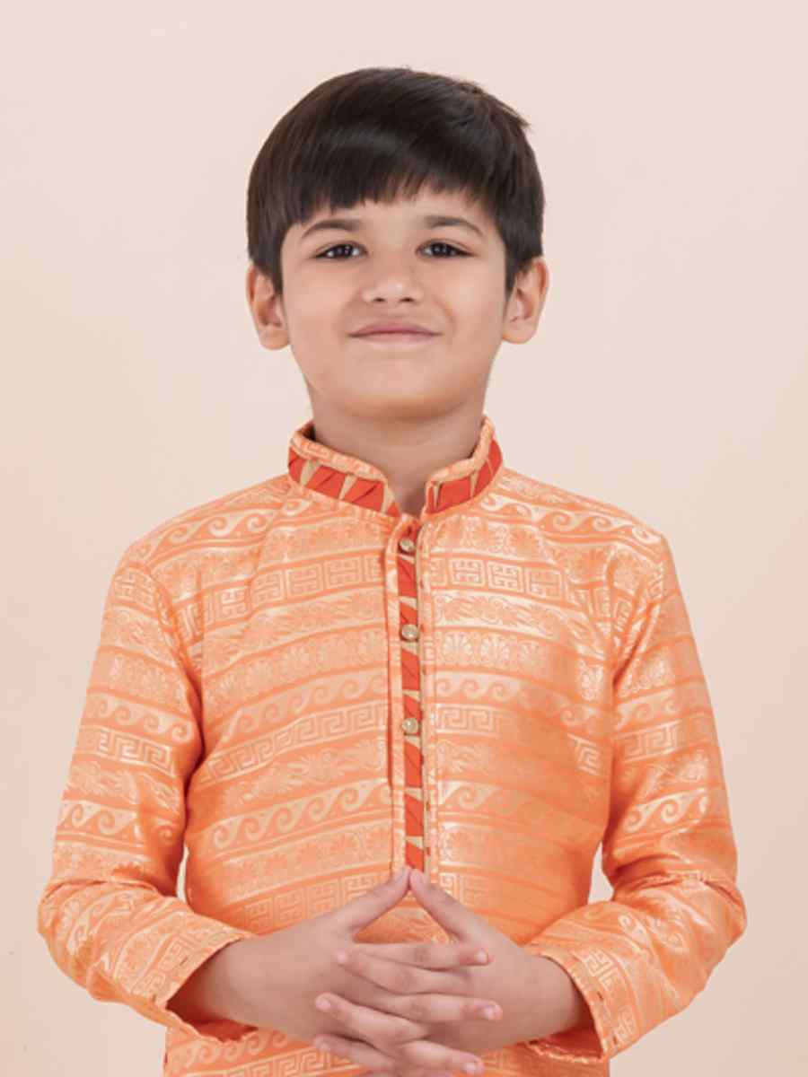 Orange Jacquard Silk Embroidered Festival Traditional Kurta Pyjama Boys Wear
