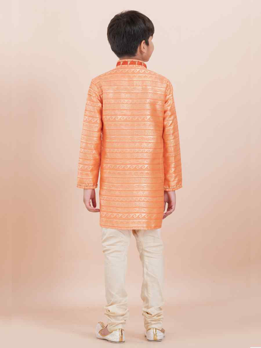 Orange Jacquard Silk Embroidered Festival Traditional Kurta Pyjama Boys Wear