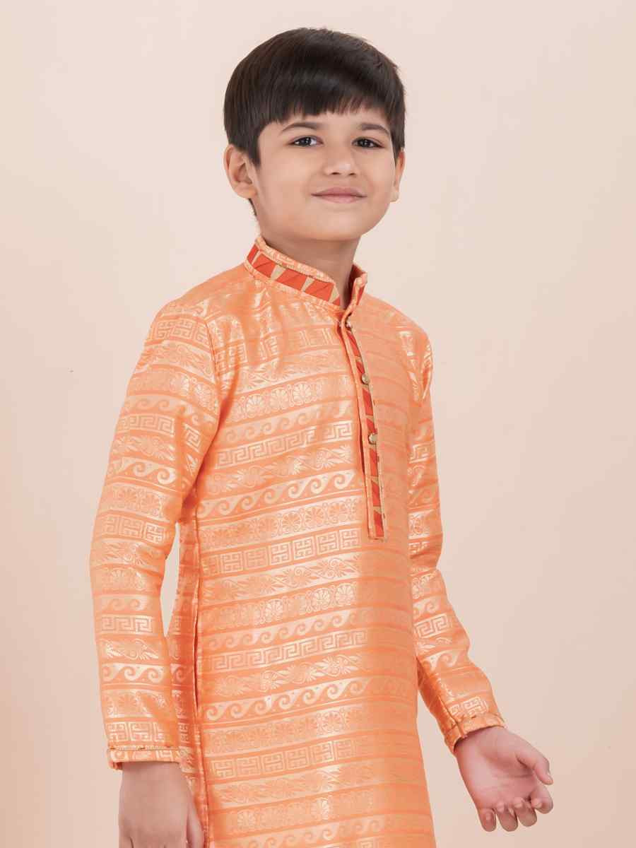 Orange Jacquard Silk Embroidered Festival Traditional Kurta Pyjama Boys Wear