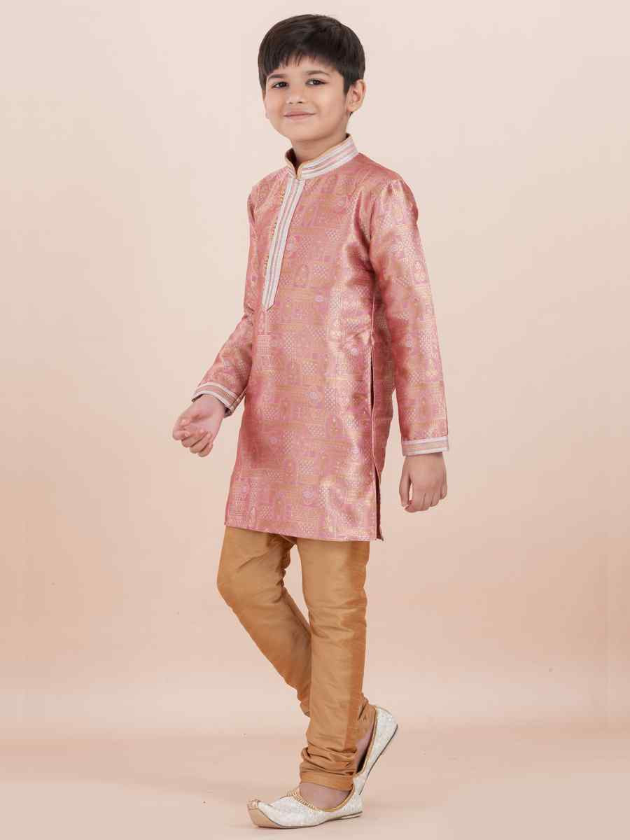 Orange Jacquard Silk Embroidered Festival Traditional Kurta Pyjama Boys Wear