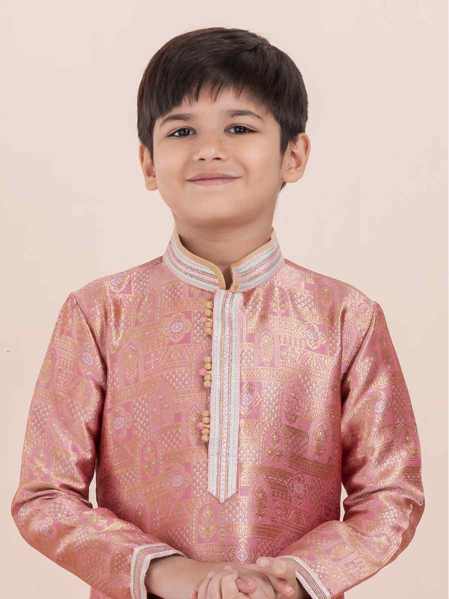 Orange Jacquard Silk Embroidered Festival Traditional Kurta Pyjama Boys Wear