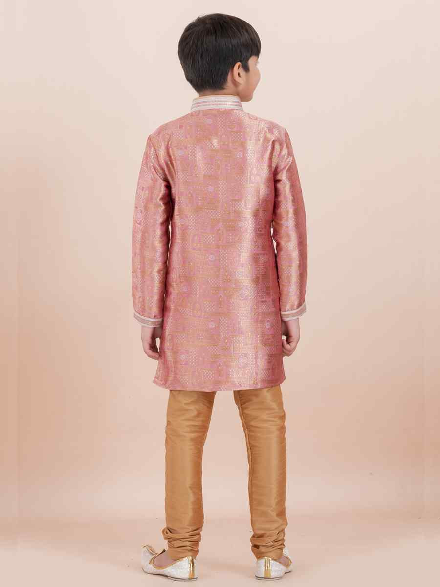 Orange Jacquard Silk Embroidered Festival Traditional Kurta Pyjama Boys Wear