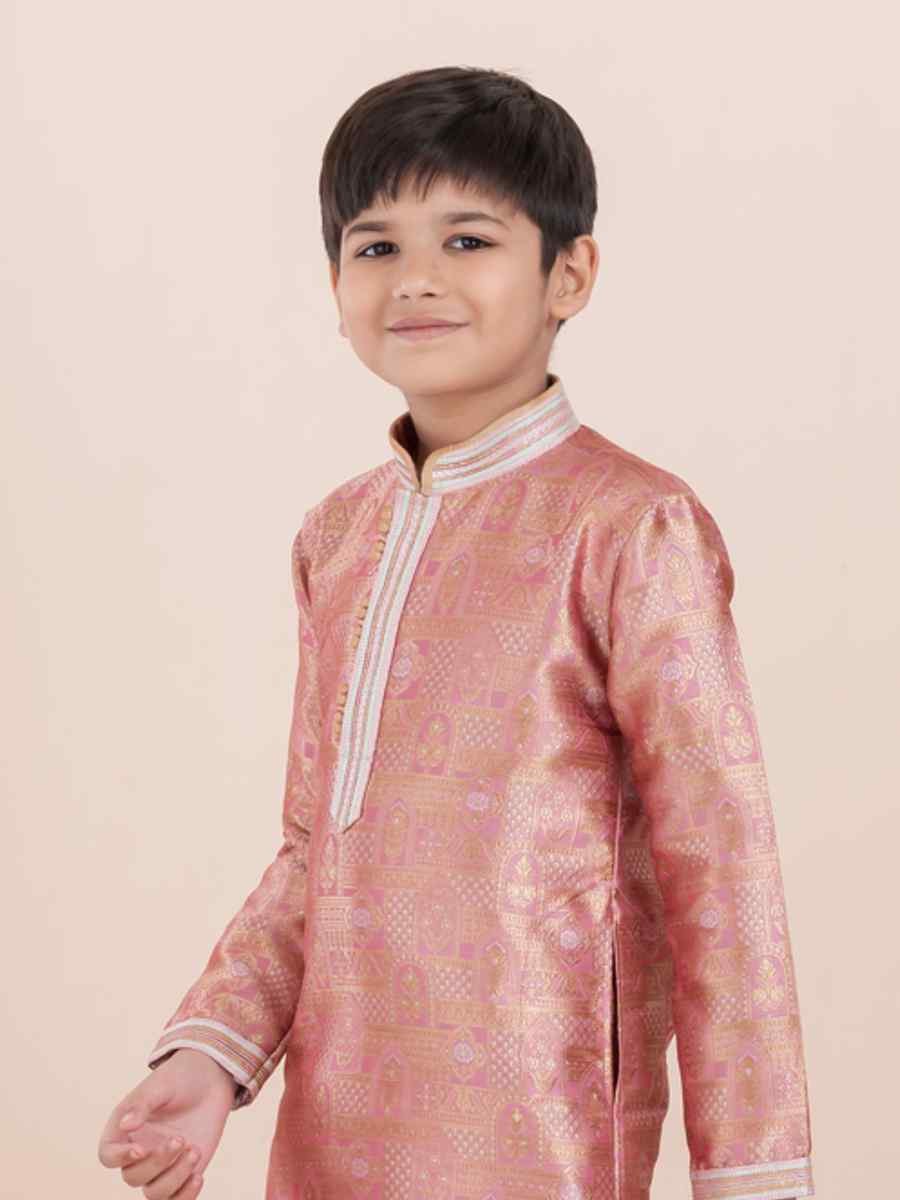 Orange Jacquard Silk Embroidered Festival Traditional Kurta Pyjama Boys Wear