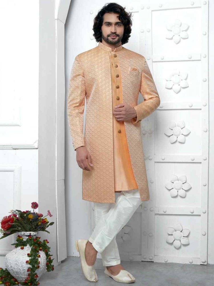 Orange Jacquard Silk Embroidered Groom Wedding Sherwani